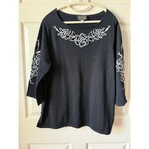 Bob Mackie Wearable Art Black Silver Rose Embroidered Sweater‎ Womens XL